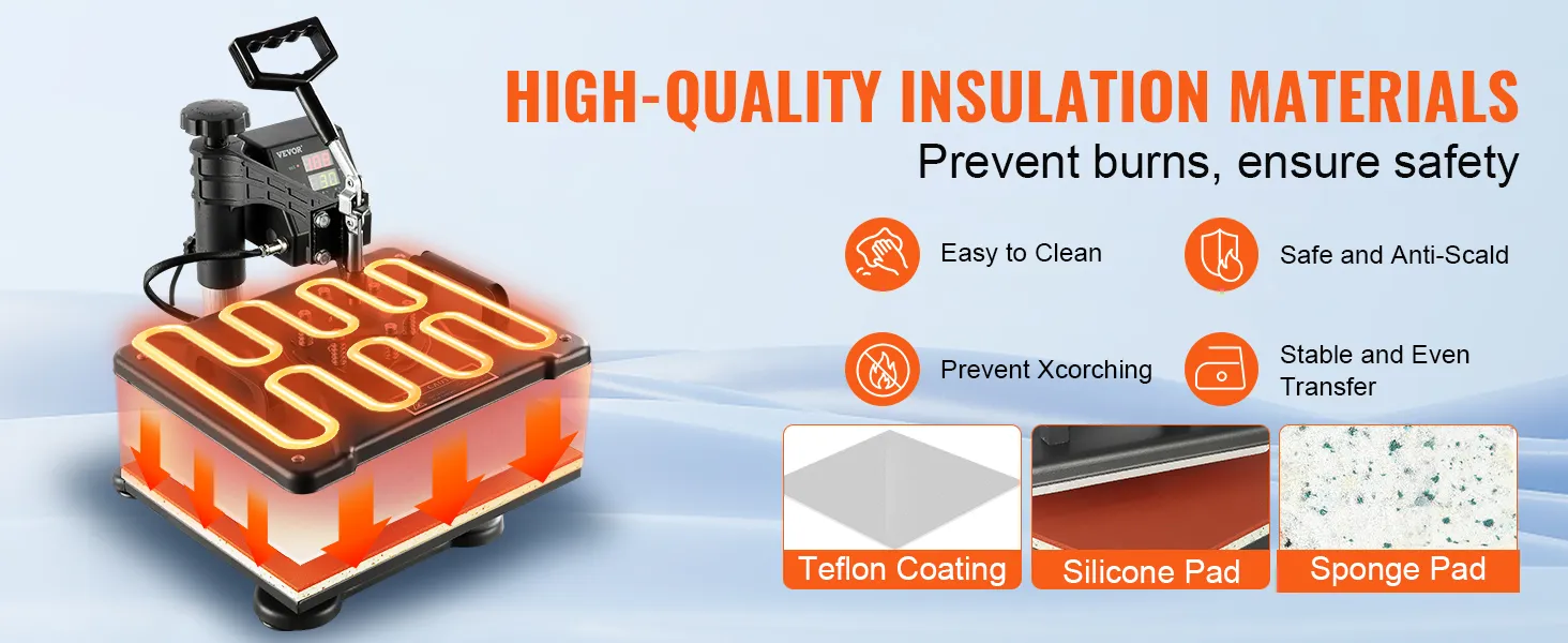 Máquina de prensado térmico VEVOR con características de aislamiento y seguridad de alta calidad.