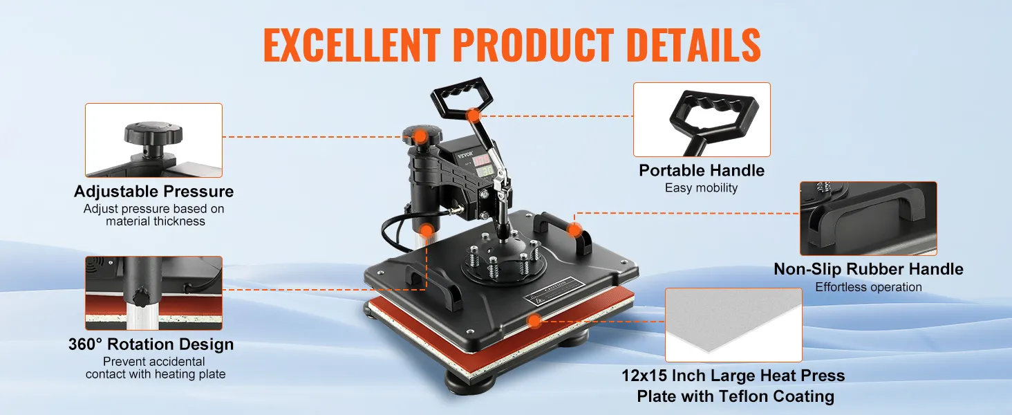 La máquina de prensado térmico VEVOR cuenta con presión ajustable, rotación de 360° y una placa de 12 x 15 pulgadas.