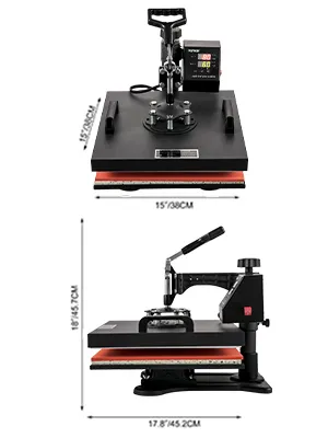 Máquina de prensado térmico VEVOR con controles digitales, dimensiones marcadas, vistas lateral y superior.