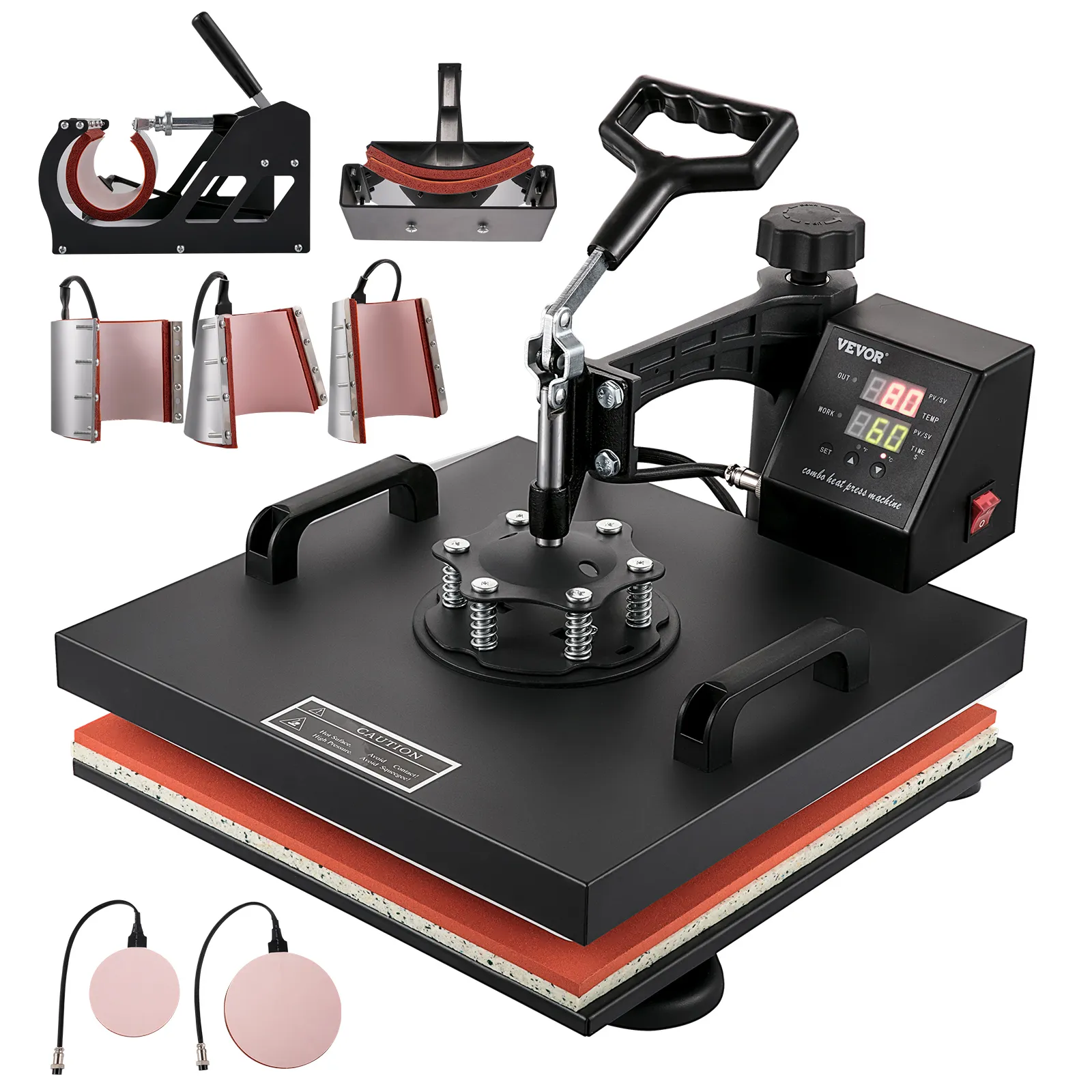 Máquina de prensado térmico VEVOR con accesorios para gorras, tazas y platos.