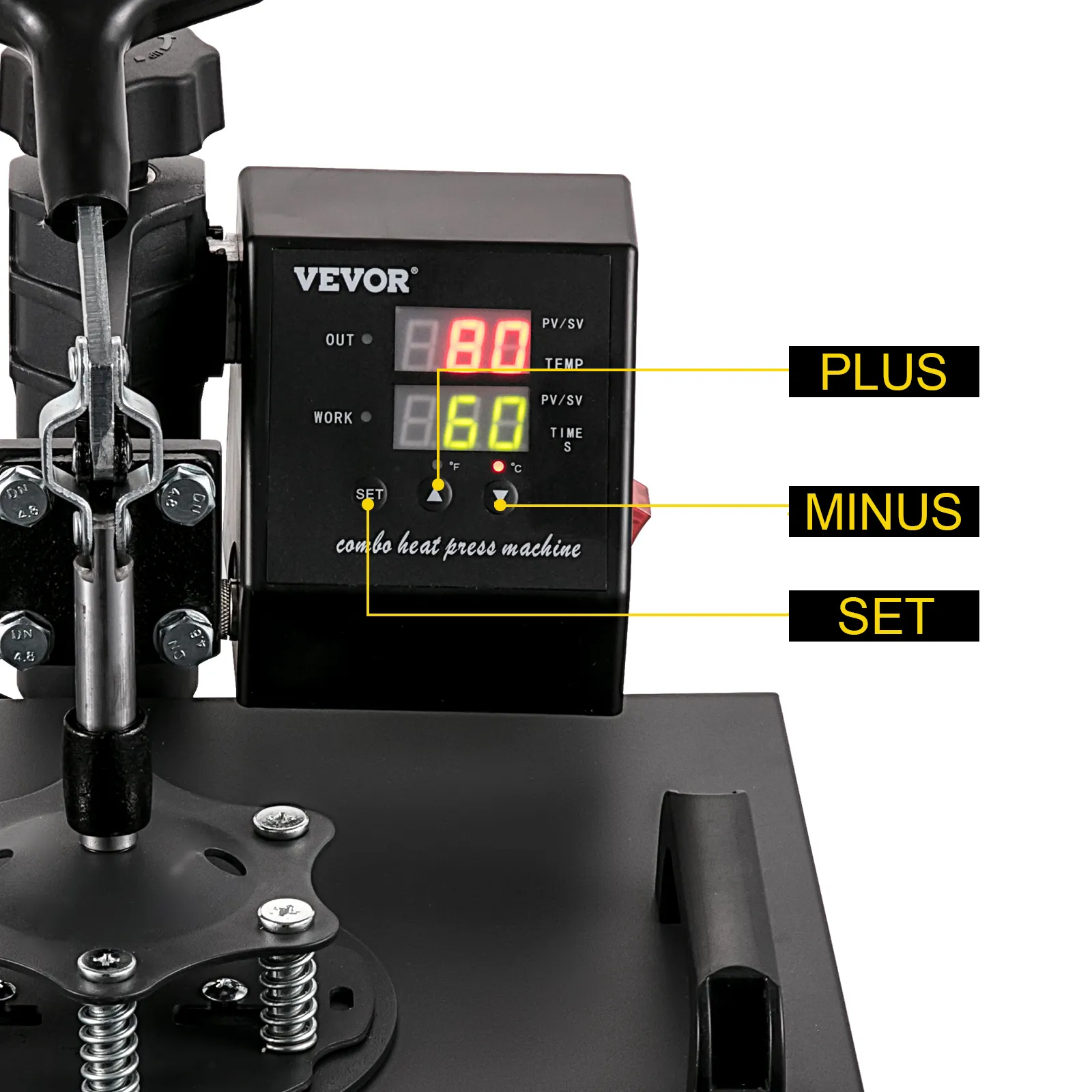 Panel de control de la máquina de prensado térmico VEVOR con pantalla digital, botones más, menos y de configuración