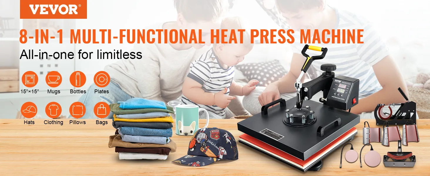Máquina de prensado térmico VEVOR, multifuncional 8 en 1 para tazas, platos y ropa.
