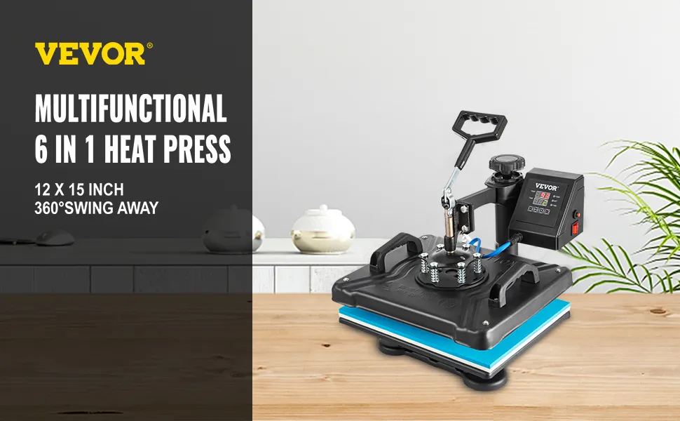 Máquina de prensado térmico VEVOR 6 en 1, 12 x 15 pulgadas, giro de 360° sobre el escritorio.