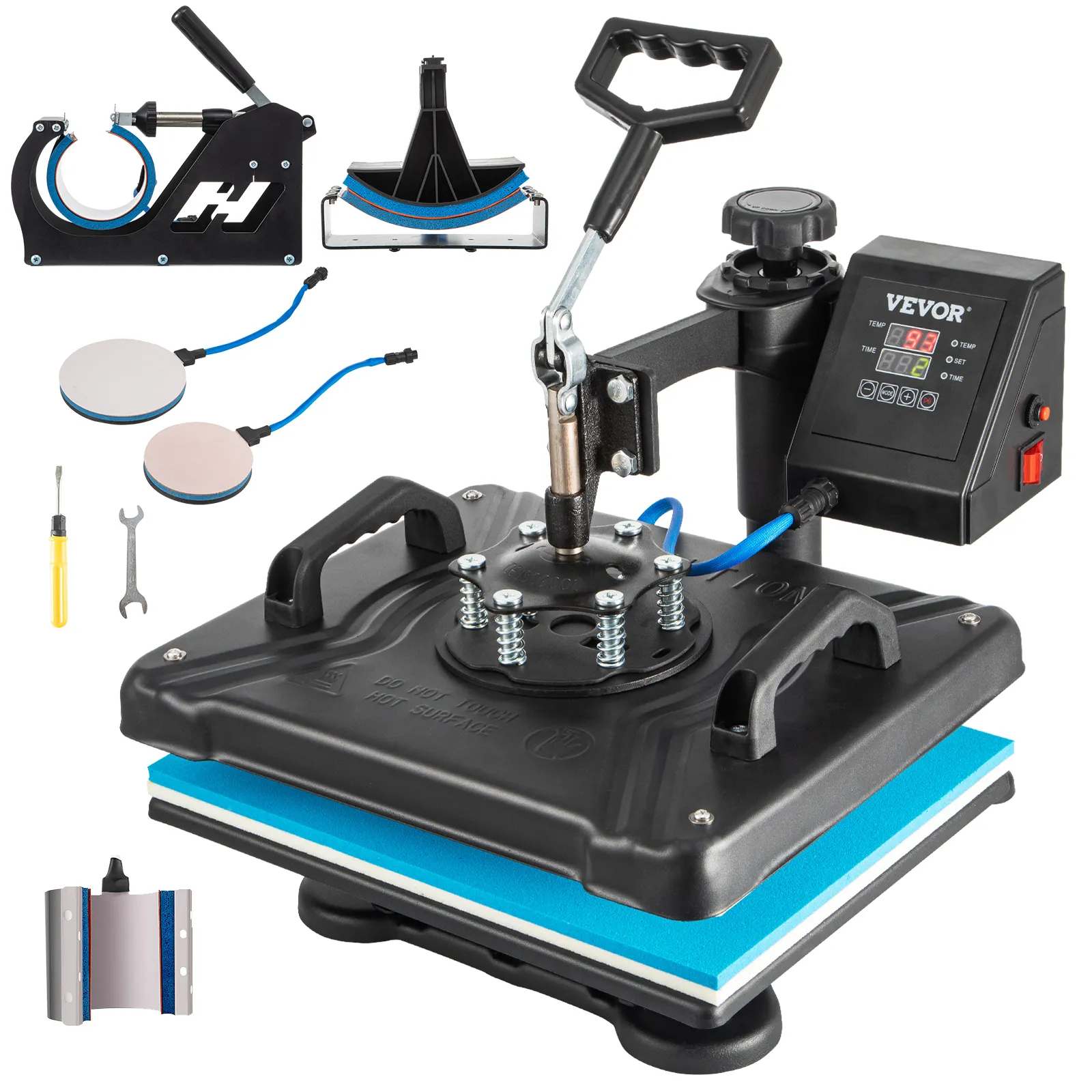 Máquina de prensado térmico VEVOR con accesorios para aplicaciones de impresión versátiles.