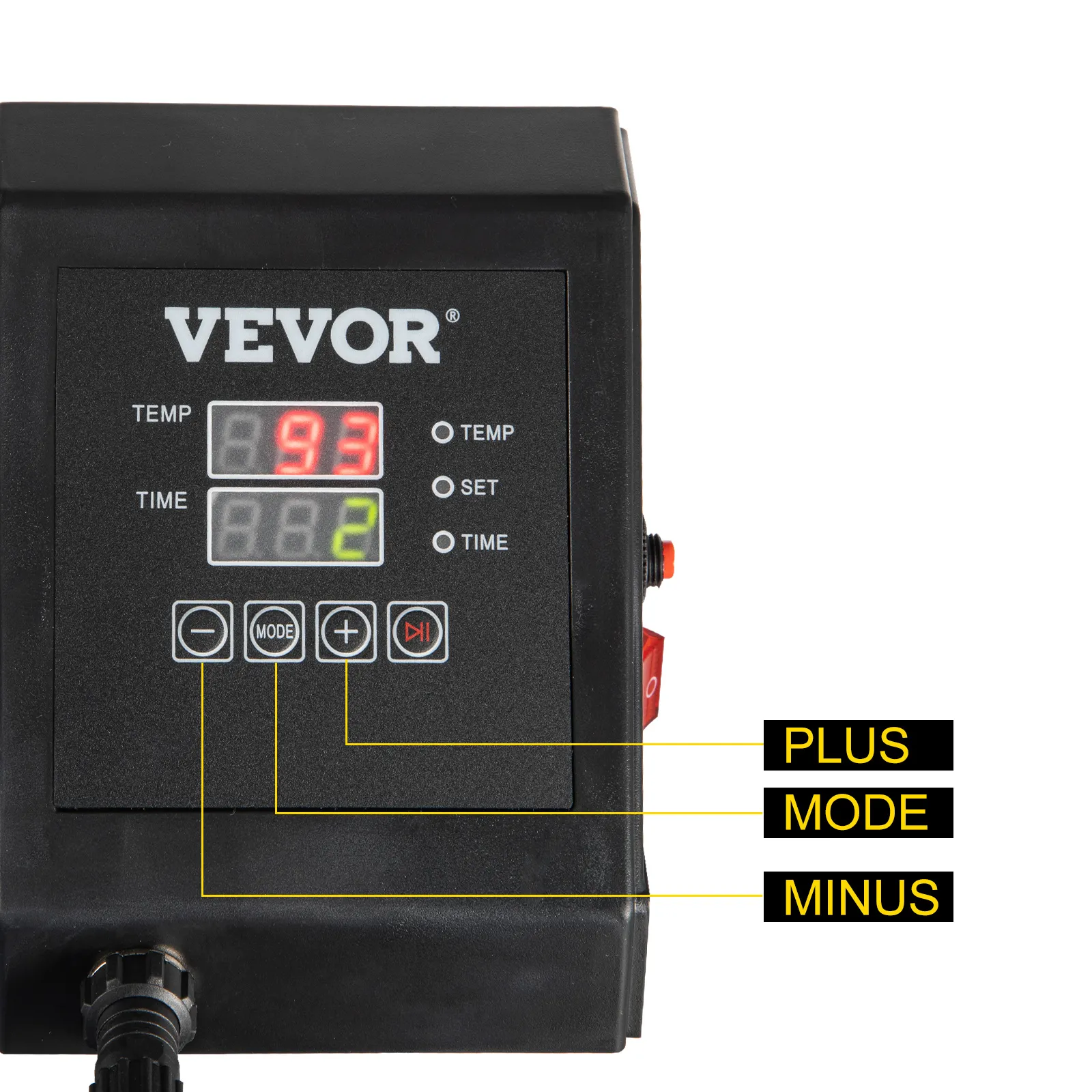 Panel de control de la máquina de prensado térmico VEVOR con botones de temperatura, tiempo, modo, más y menos.