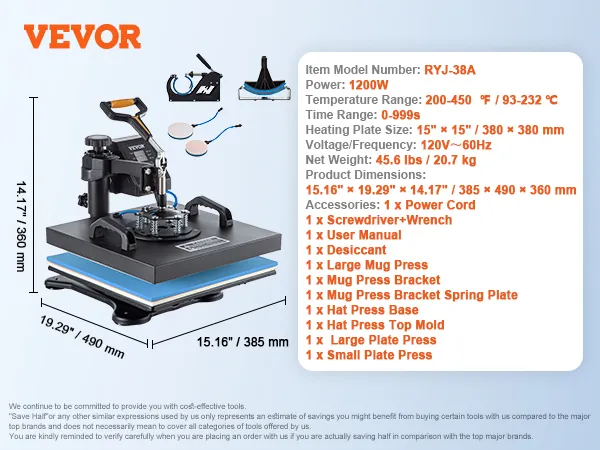 VEVOR heat press machine with accessories, dimensions, and specifications detailed.