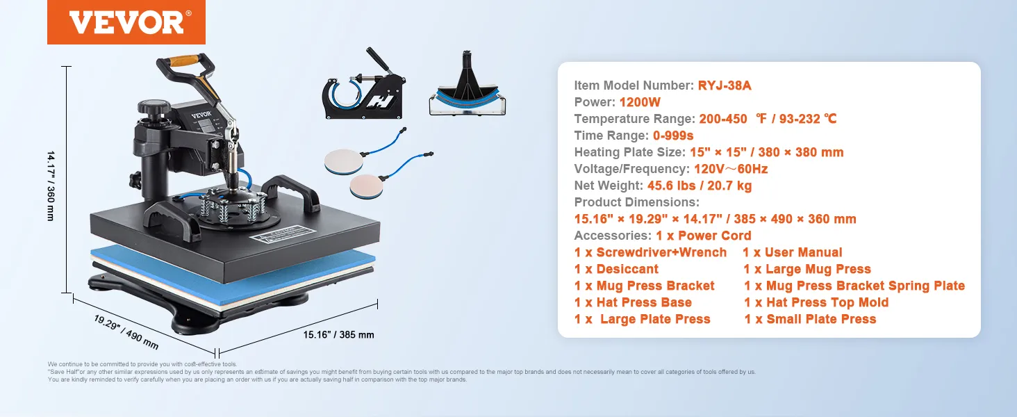 VEVOR heat press machine with accessories, dimensions, and specifications detailed.