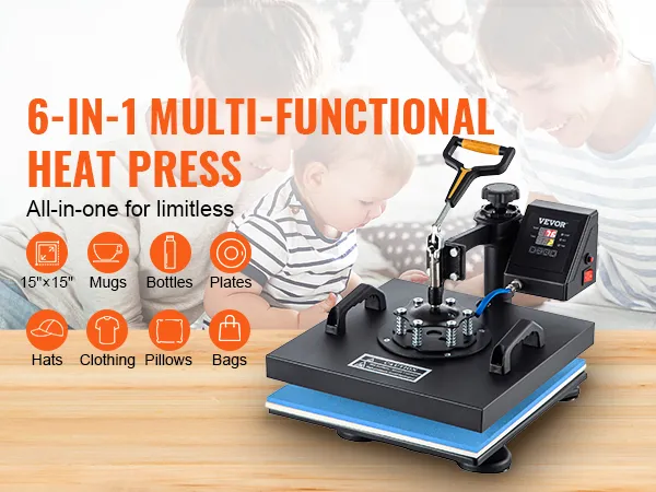 VEVOR heat press machine with accessories, stacked clothes, mug, hat on wooden table.