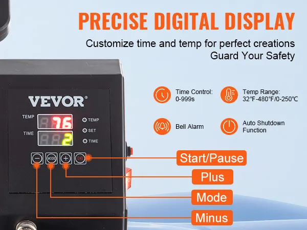 VEVOR heat press machine digital display for time, temp control, and safety features.