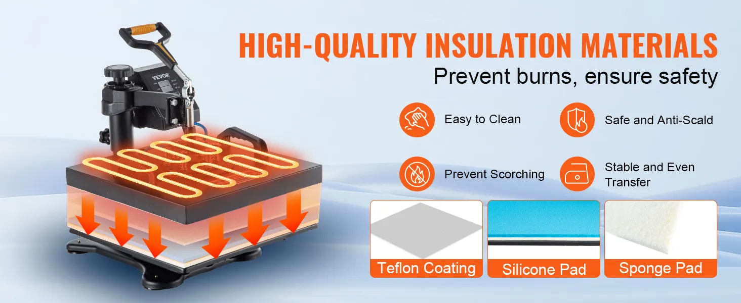 VEVOR heat press machine promotes safety with high-quality insulation materials.
