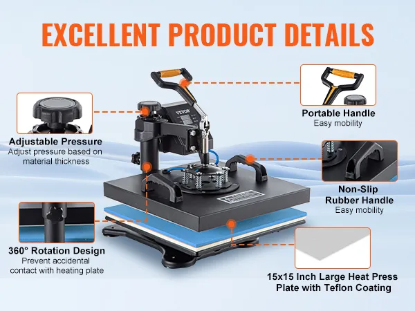 VEVOR heat press machine with adjustable pressure and 360° rotation design.
