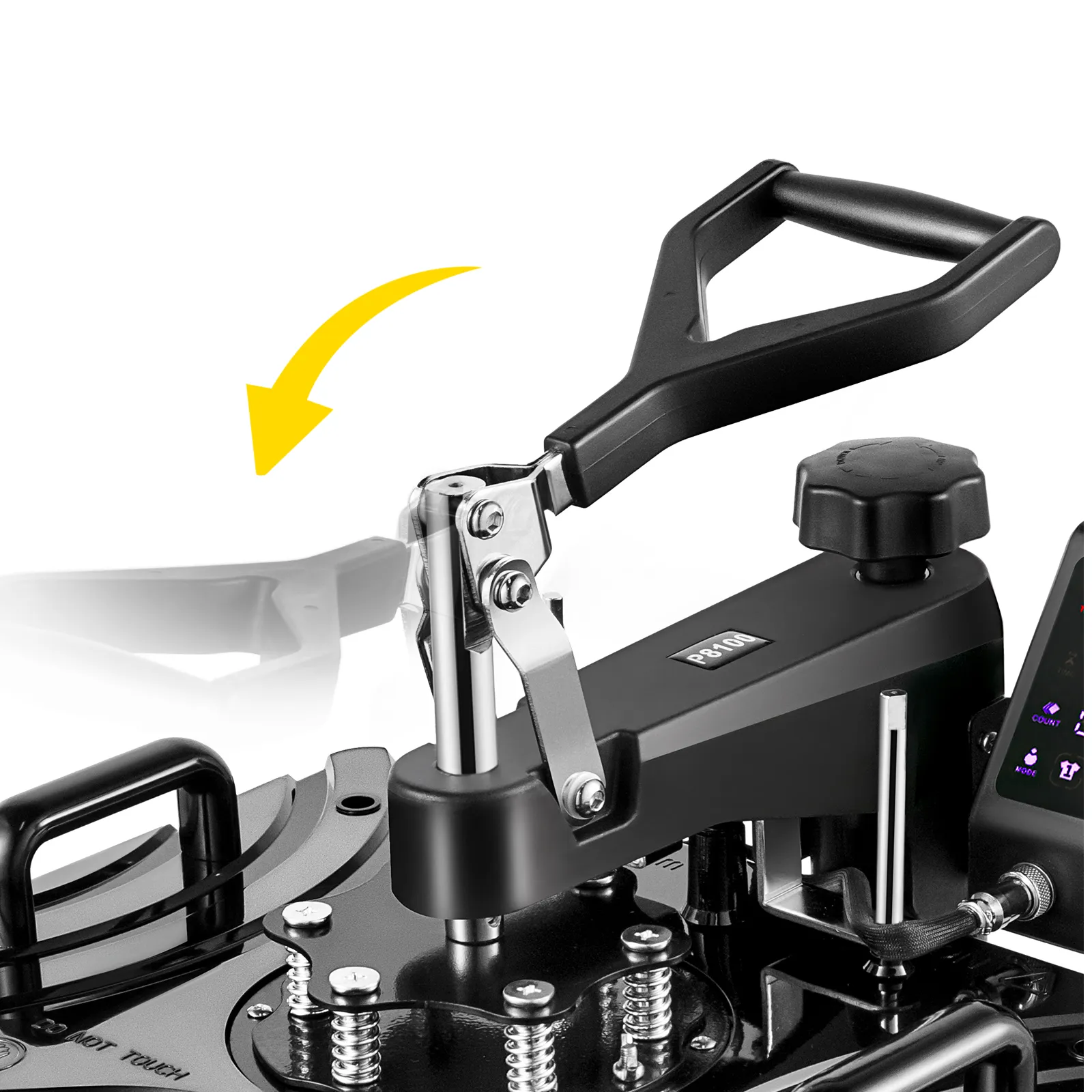 VEVOR-Heißpresshebel und Steuerknopf in Schwarz mit einem Pfeil, der auf die Hebelwirkung zeigt.