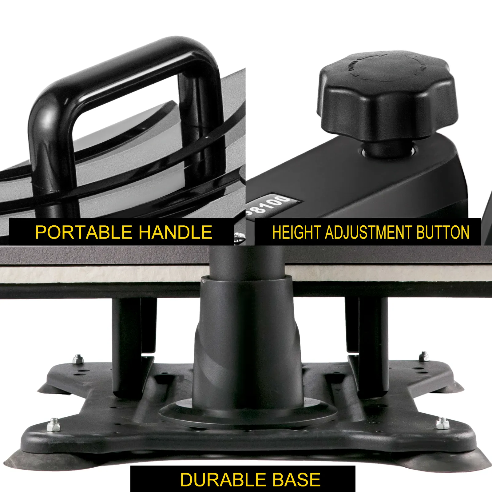 VEVOR-Heißpresse mit tragbarem Griff, Höhenverstellknopf und robuster Basis.