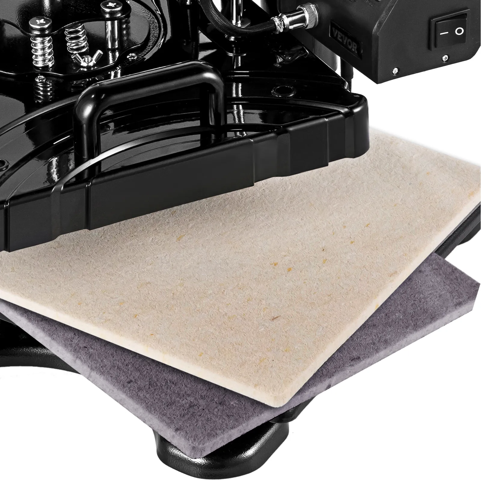 VEVOR-Heißpresse mit zwei Heizkissen unter einem schwarzen Metallpressengriff.