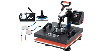 Prensa térmica VEVOR 5 en 1 con accesorios, controles digitales y un mango resistente.