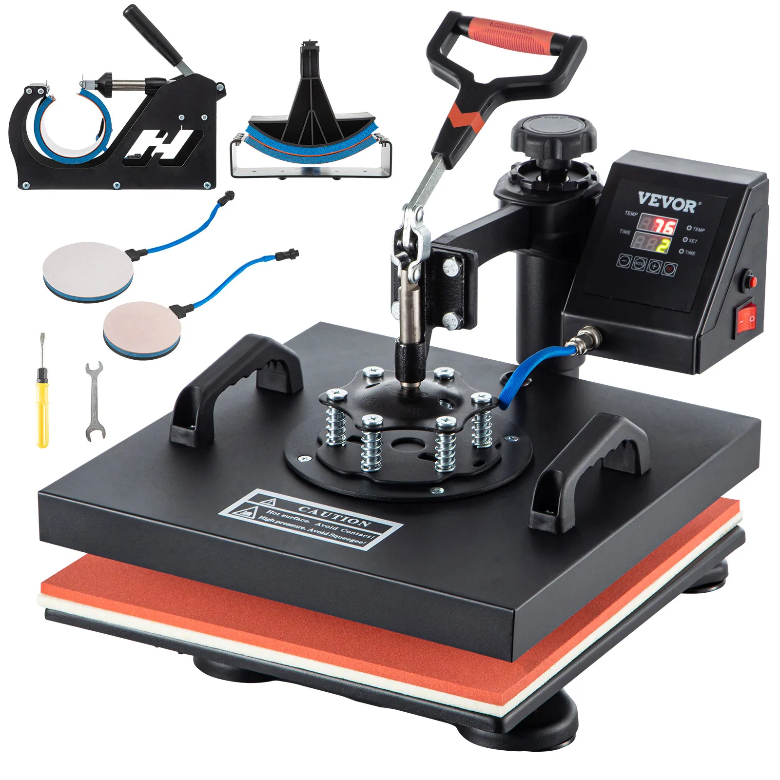 Prensa térmica VEVOR 5 en 1 con panel de control digital, accesorios y herramientas incluidos.