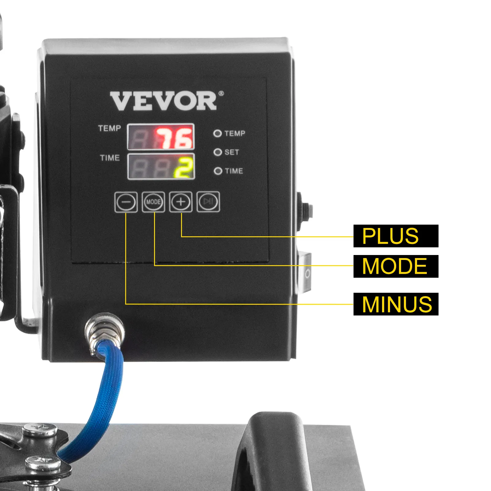 Panel de control de prensa térmica 5 en 1 VEVOR con configuraciones de temperatura, tiempo y botones etiquetados.