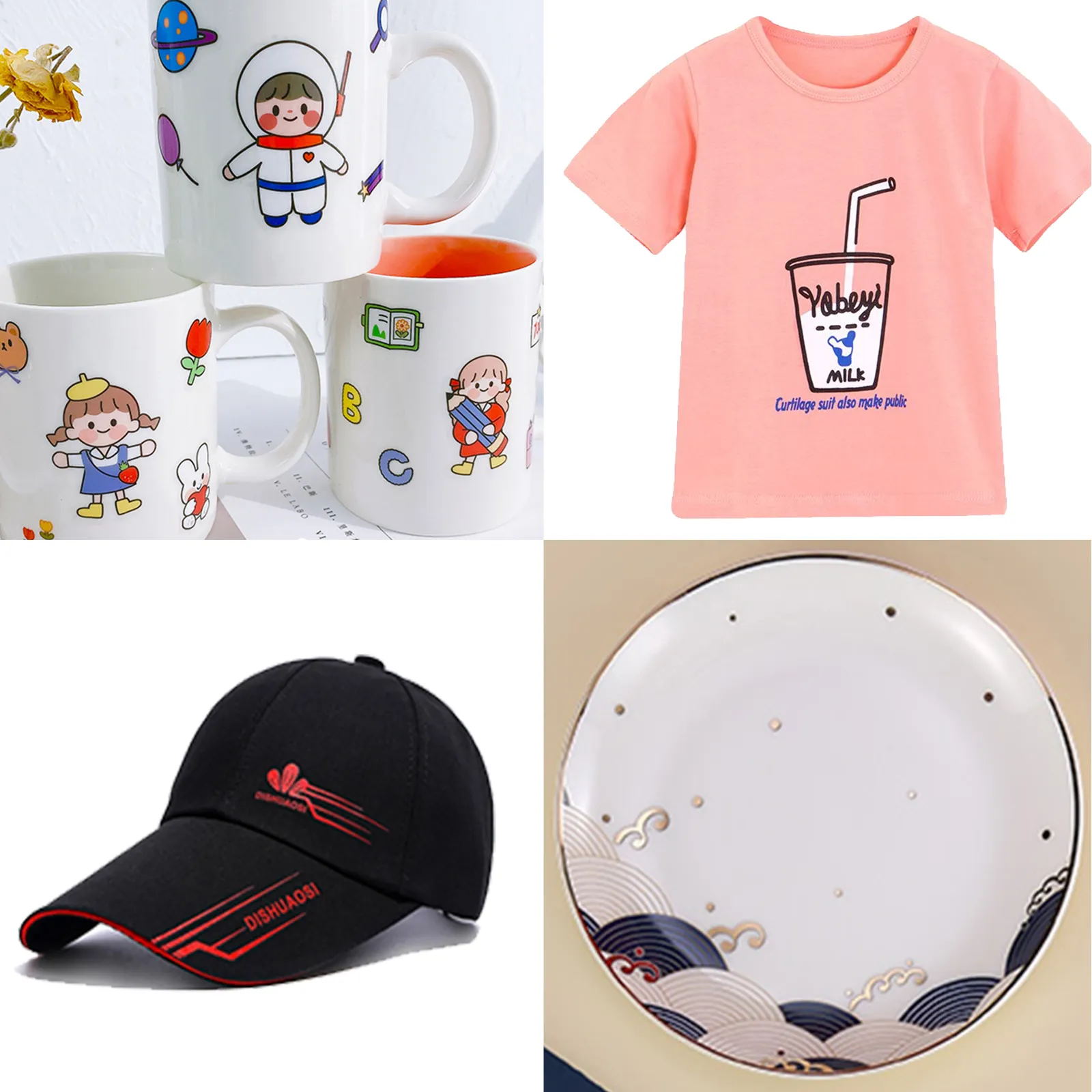 Creaciones coloridas con prensa térmica VEVOR 5 en 1: tazas con diseños de dibujos animados, camiseta rosa, gorra negra, plato estampado.