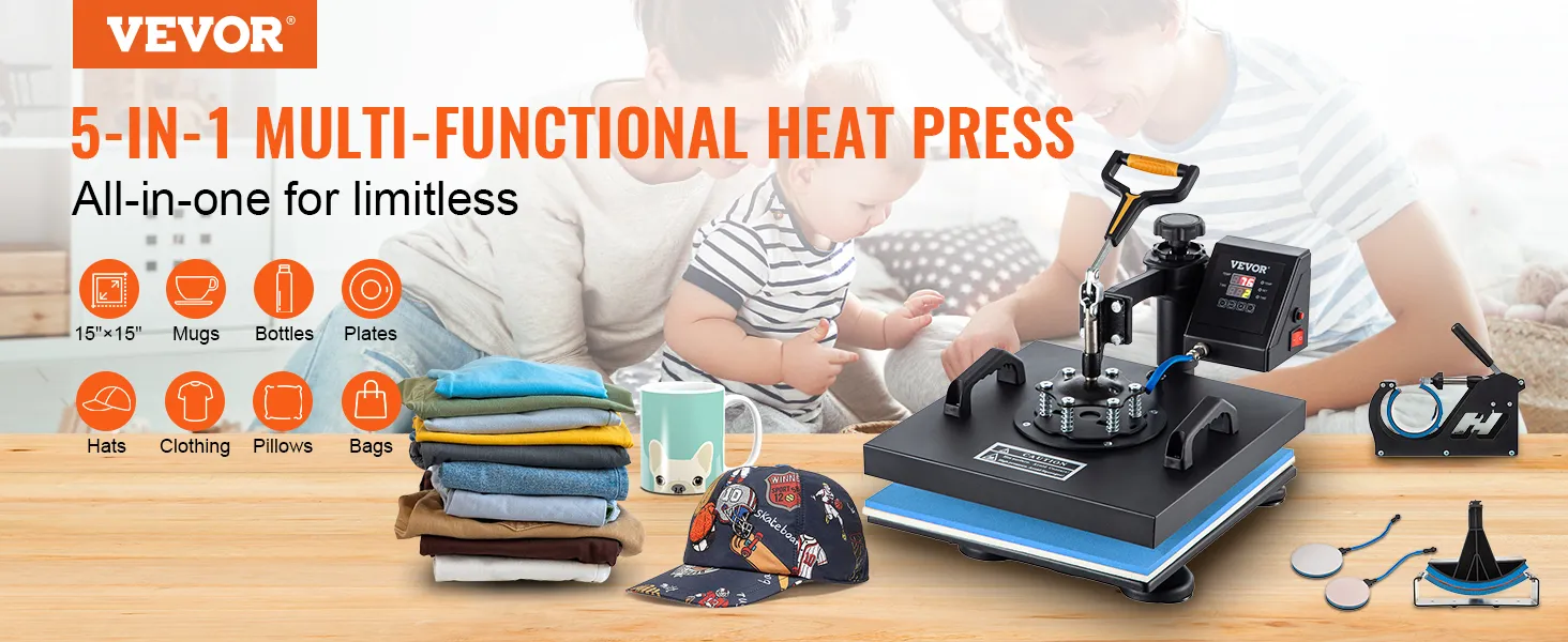 Prensa térmica VEVOR 5 en 1 para tazas, gorras, ropa y bolsos con un niño de fondo.