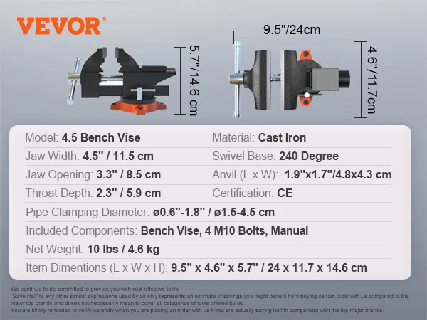 VEVOR bench vise with 4.5" jaw width, 240-degree swivel base, and cast iron construction.
