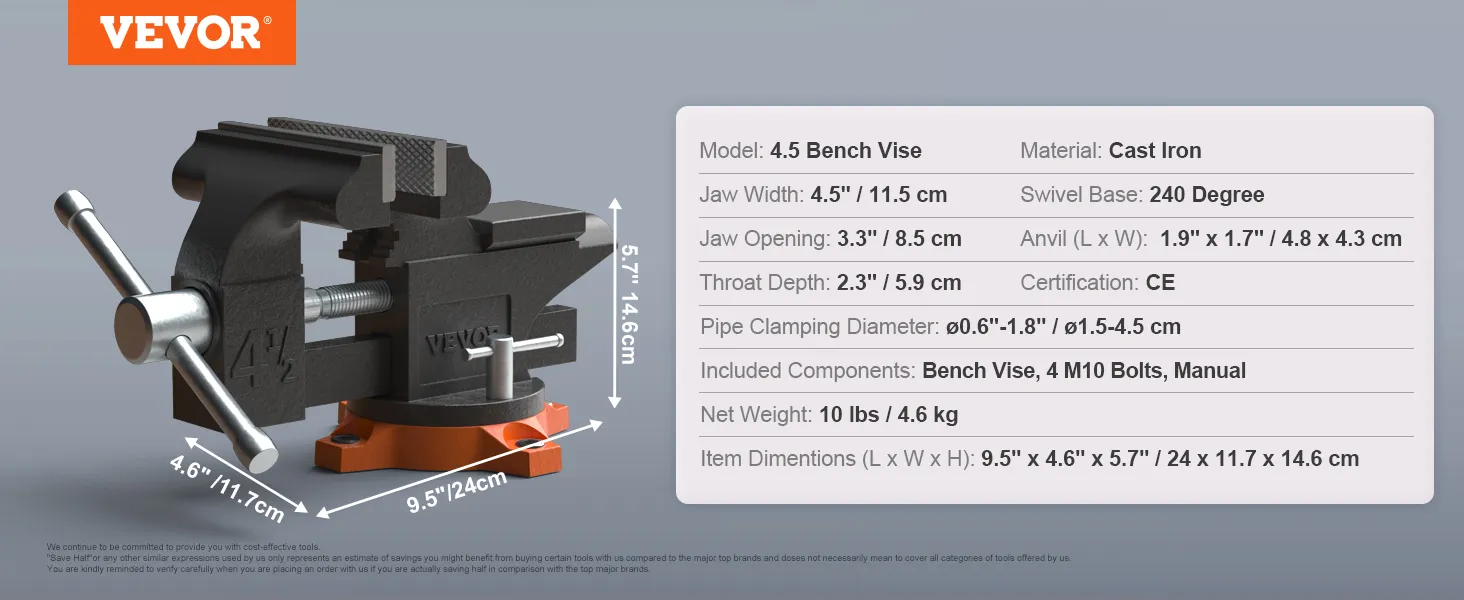 VEVOR bench vise with 4.5" jaw width, 240-degree swivel base, and cast iron construction.