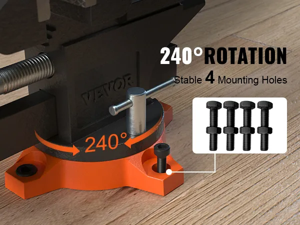 VEVOR bench vise with 240° rotation, stable 4 mounting holes on a wooden work surface.