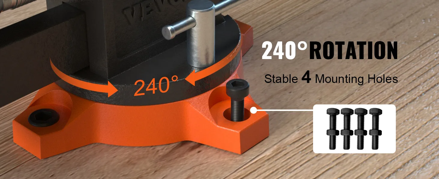 VEVOR bench vise with 240° rotation, stable 4 mounting holes on a wooden work surface.