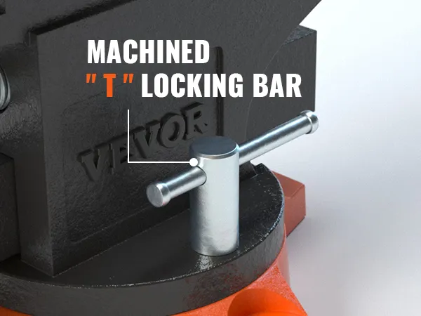 VEVOR bench vise with machined t locking bar on sturdy orange base.