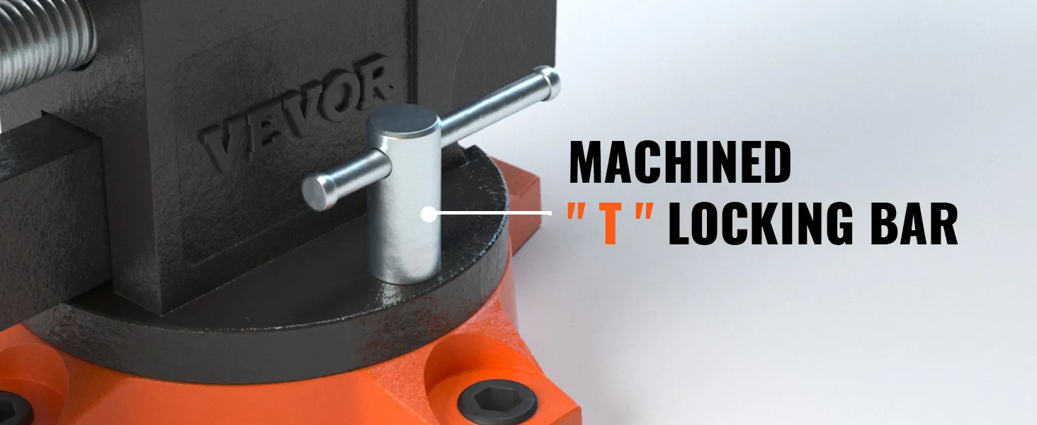 VEVOR bench vise with machined t locking bar on sturdy orange base.