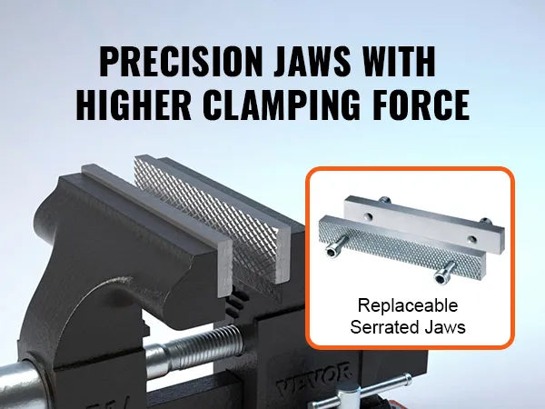 VEVOR bench vise with precision jaws and replaceable serrated jaws for higher clamping force.
