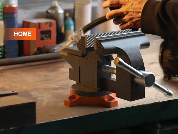 VEVOR bench vise mounted on a workbench in a workshop, with tools and green bottles in the background.