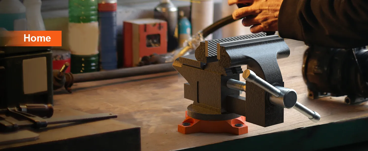 VEVOR bench vise mounted on a workbench in a workshop, with tools and green bottles in the background.