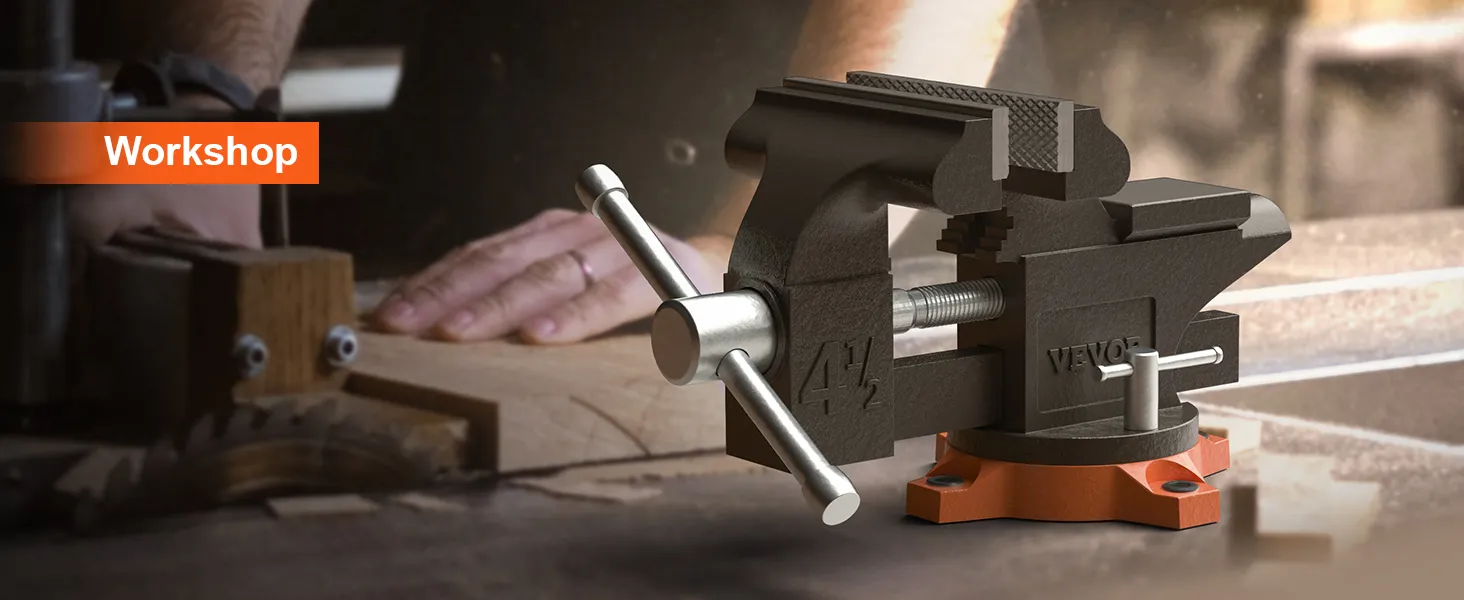 VEVOR bench vise in a workshop setting, with hands working on wood in the background.