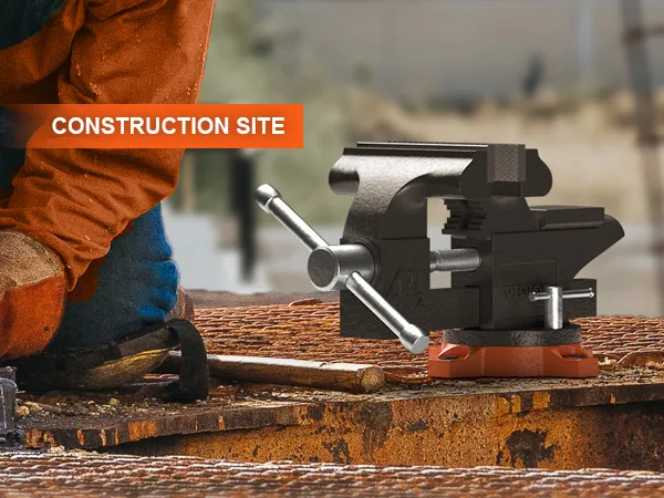 worker using tools on metal surface with VEVOR bench vise attached, construction site background.