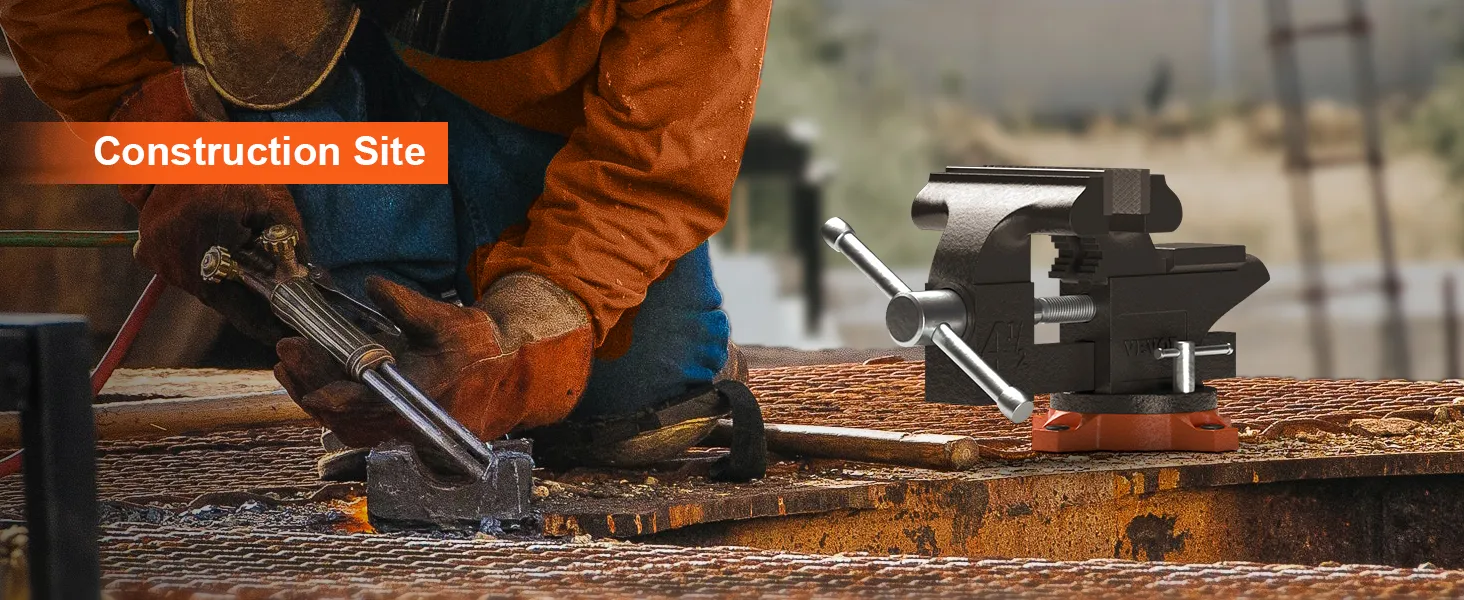 worker using tools on metal surface with VEVOR bench vise attached, construction site background.