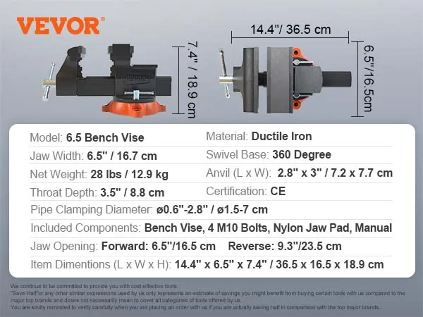 VEVOR 6.5" bench vise with 360-degree swivel, ductile iron material, and nylon jaw pad.