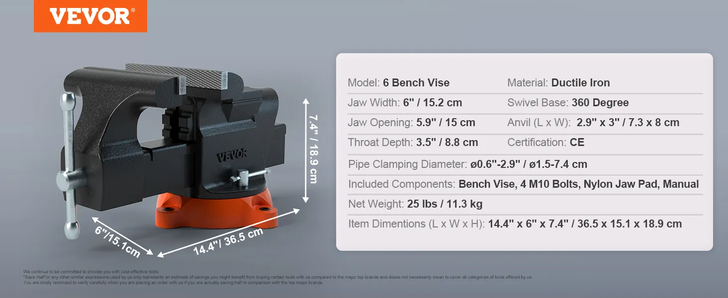 Tornillo de banco VEVOR, hierro dúctil, ancho de mordaza de 6", base giratoria de 360 grados, apertura de mordaza de 5,9", longitud de 14,4".