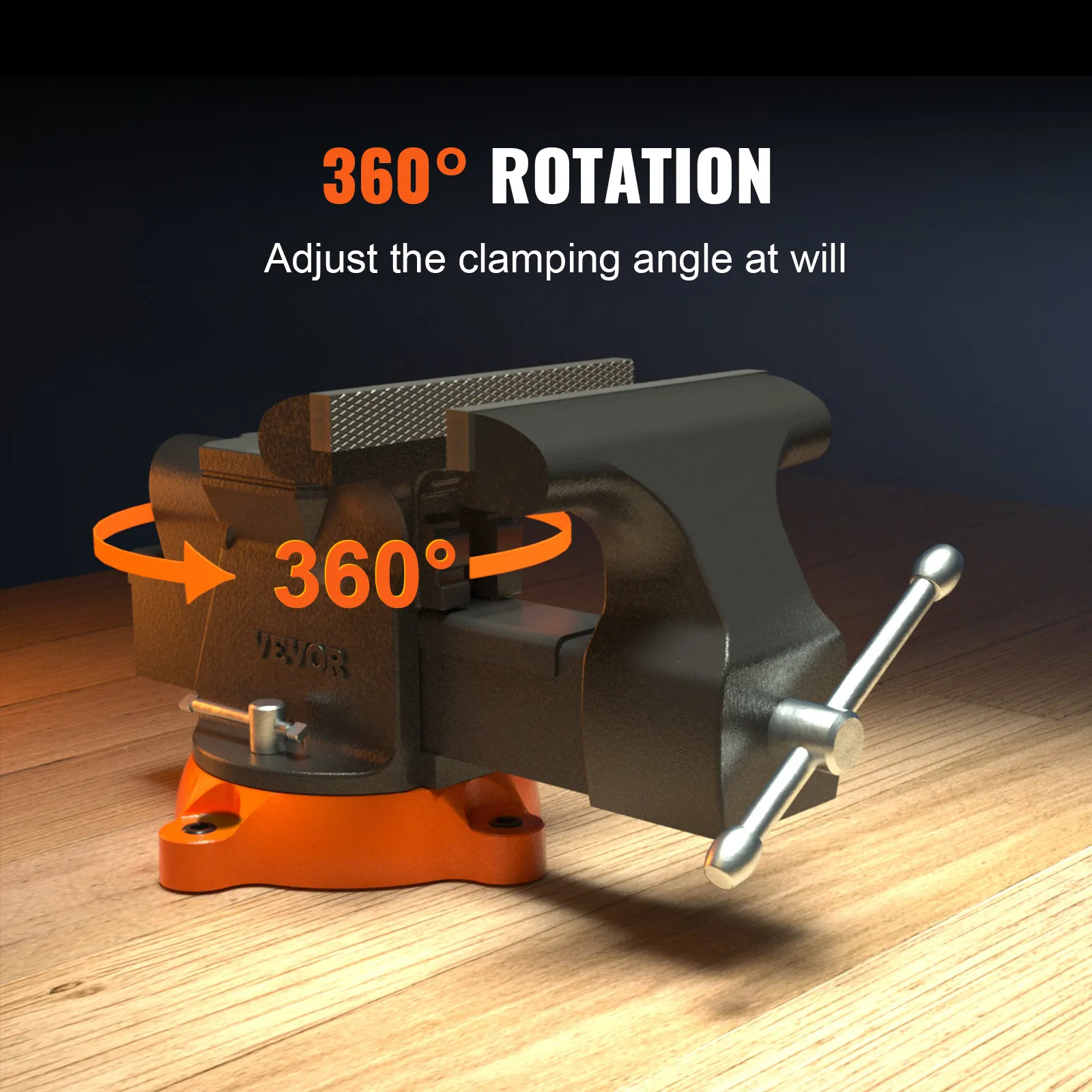 tornillo de banco VEVOR con rotación de 360° y base anaranjada sobre mesa de madera.
