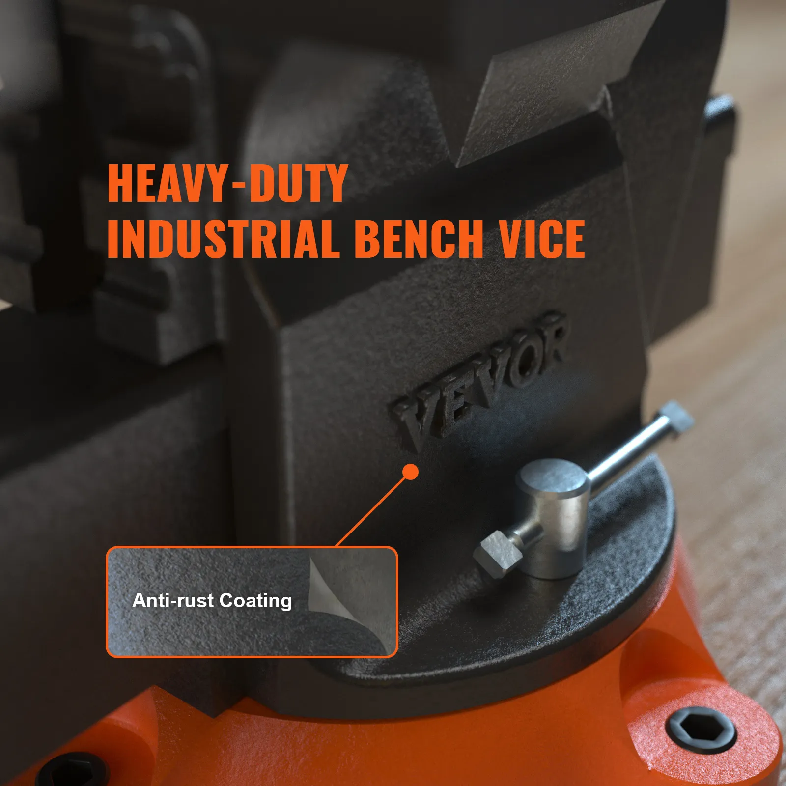 Tornillo de banco VEVOR de alta resistencia con revestimiento antioxidante, base naranja y diseño industrial resistente.