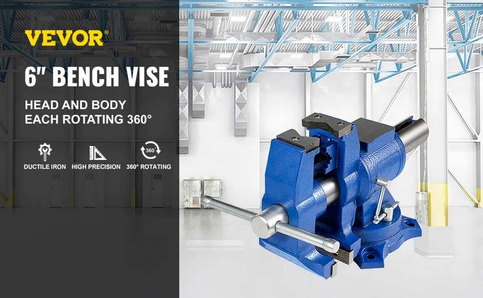 VEVOR bench vise 6" in blue with 360° rotating head and body.