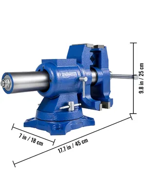blue VEVOR bench vise with dimensions labeled: 17.7in x 7in, 9.8in height.