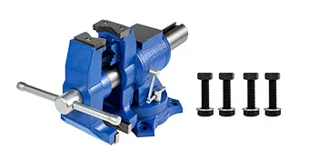blue VEVOR bench vise and four black bolts on a white background.