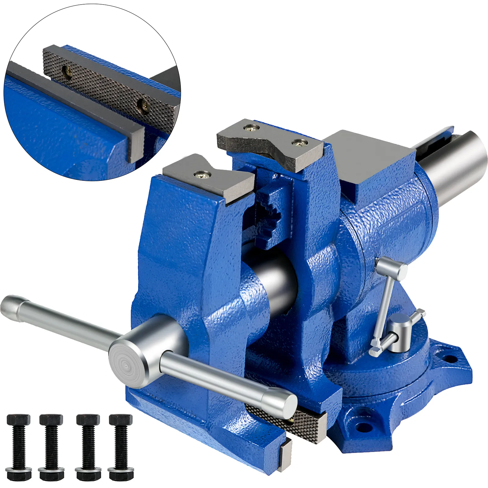 blue VEVOR bench vise with heavy-duty jaws and four mounting bolts displayed separately.