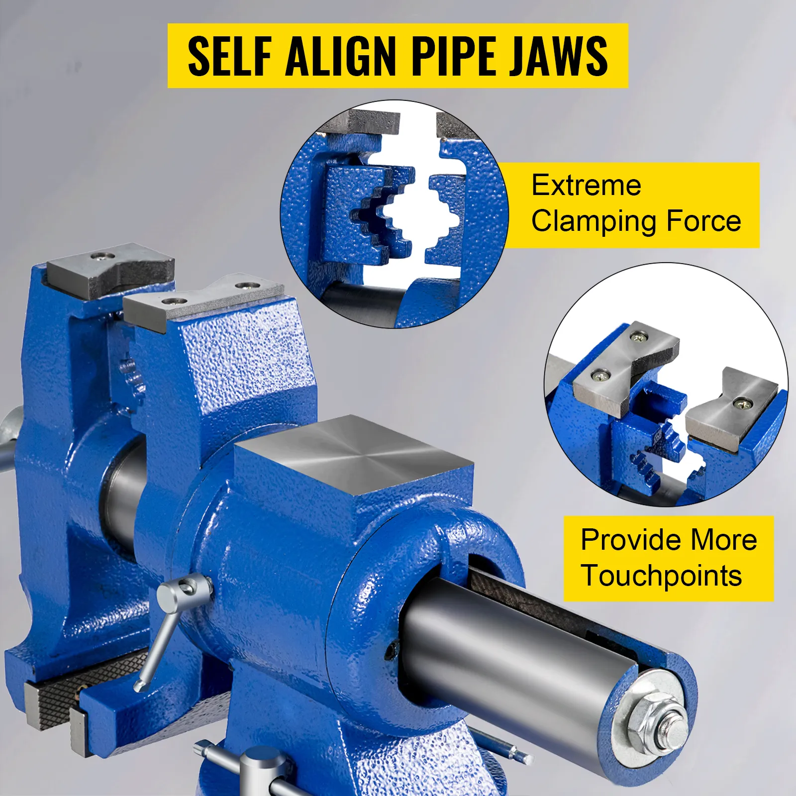 VEVOR bench vise with self-align pipe jaws and extreme clamping force.