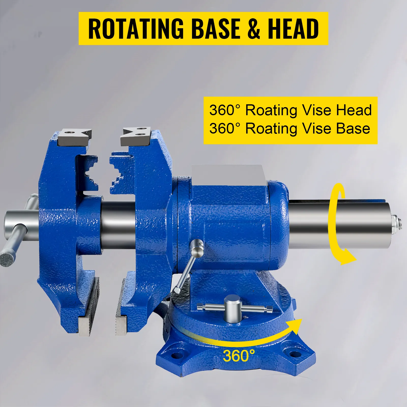 VEVOR bench vise with 360° rotating base and head for versatile clamping.