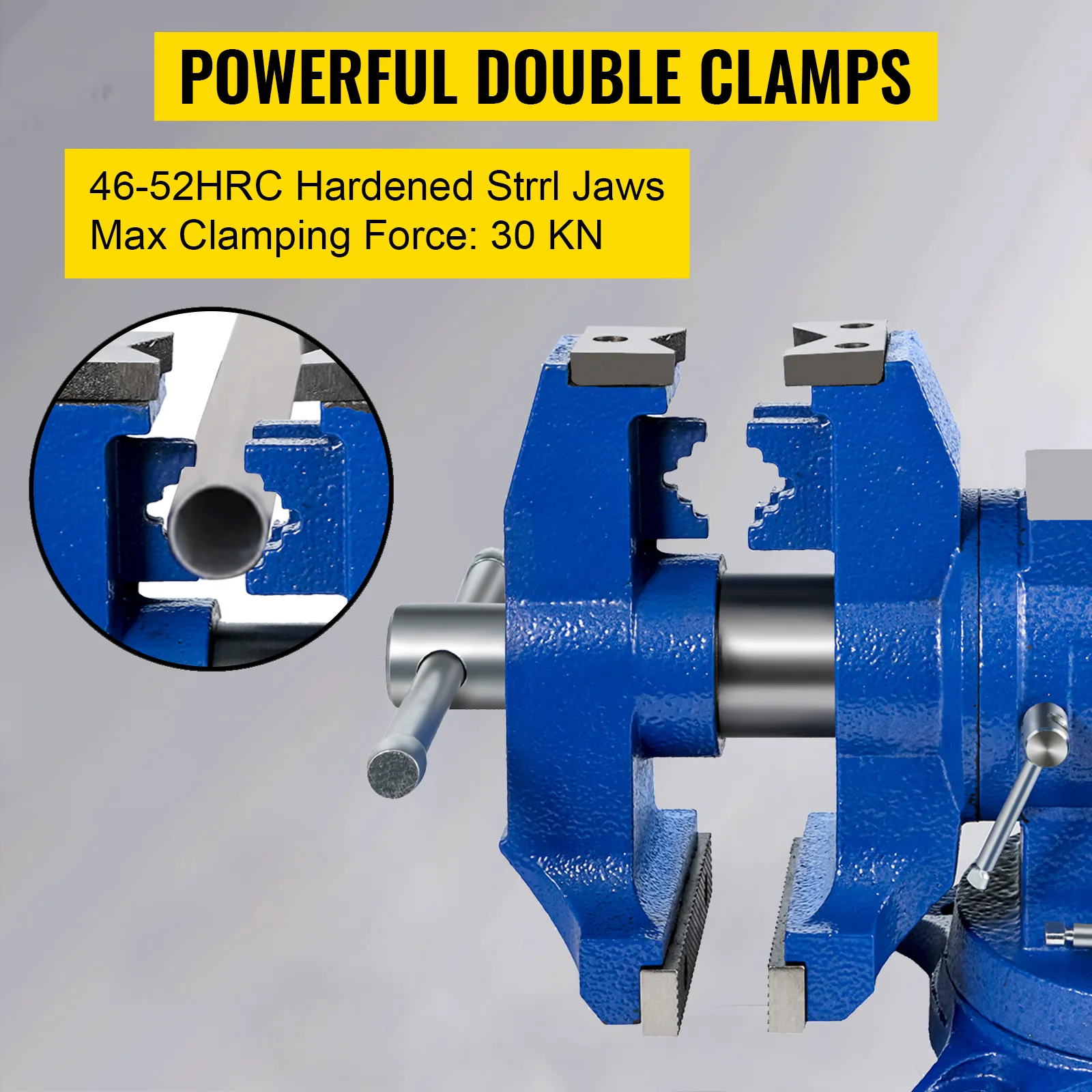 VEVOR bench vise with powerful double clamps and hardened steel jaws.