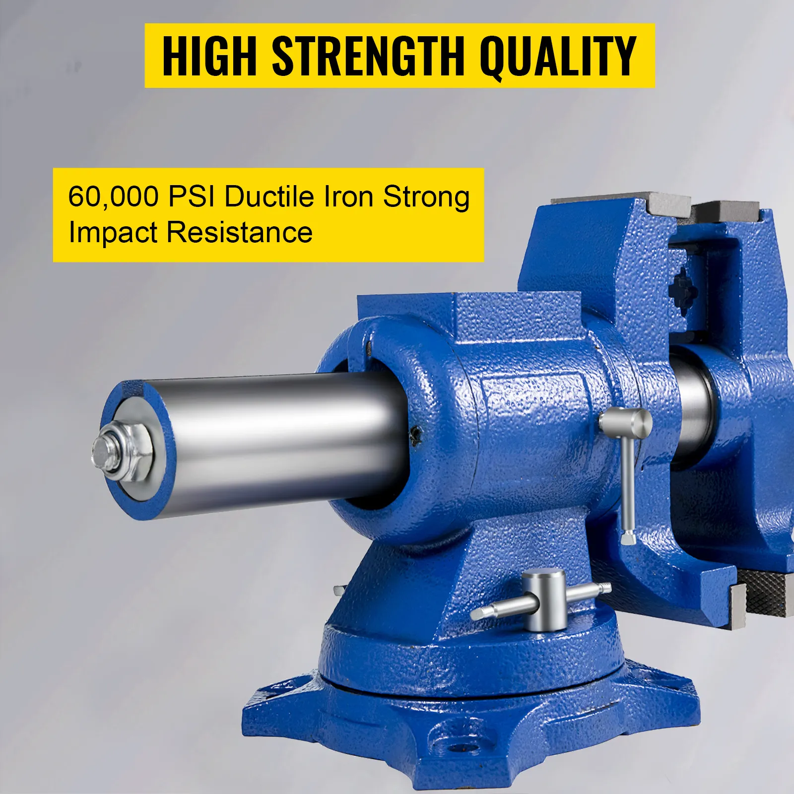 VEVOR bench vise, blue, ductile iron, 60,000 psi impact resistance, high strength quality.