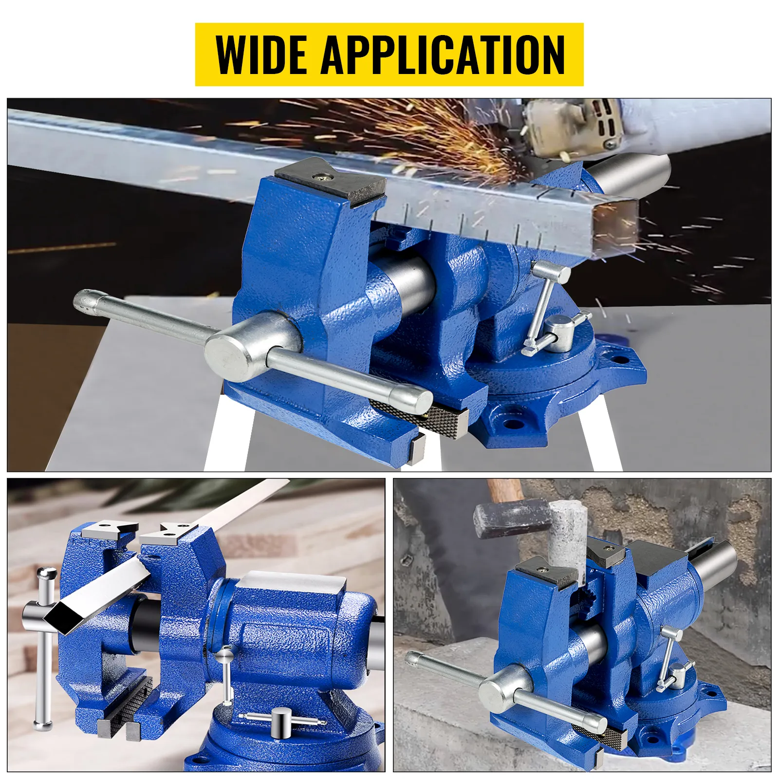 VEVOR bench vise with wide application for metalworking and clamping tasks.