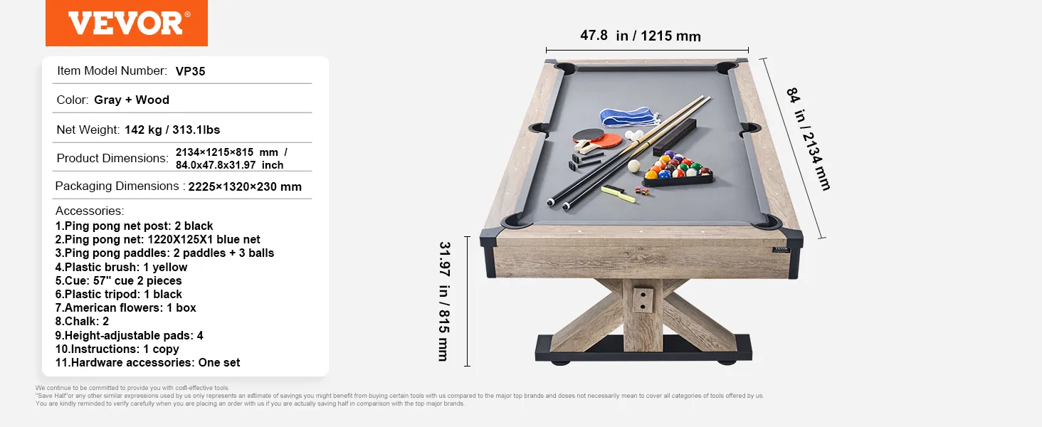 Mesa de billar VEVOR con accesorios sobre tablero gris, patas de madera, dimensiones etiquetadas.