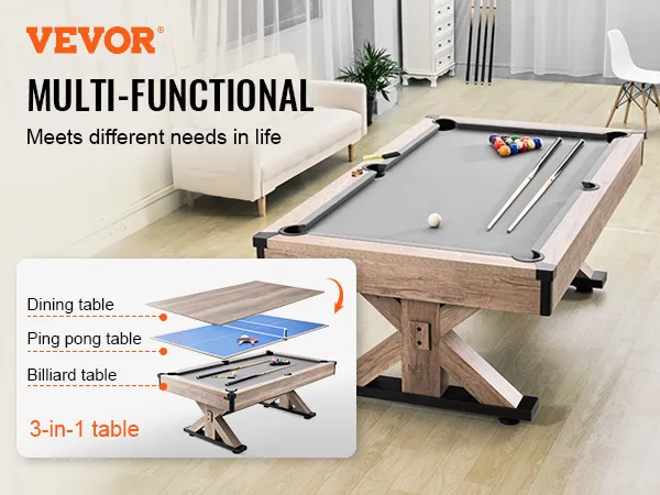 Mesa de billar VEVOR en una sala de estar moderna, transformable en mesa de comedor y ping pong.